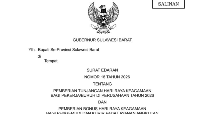 Pemprov Sulbar Terbitkan Surat Edaran THR dan BHR untuk Pekerja dan Pengemudi Aplikasi