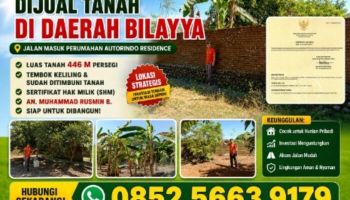 Tanah 446 Meter Persegi di Bilayya Gowa Ditawarkan, Lokasi Berkembang dengan Akses Mudah